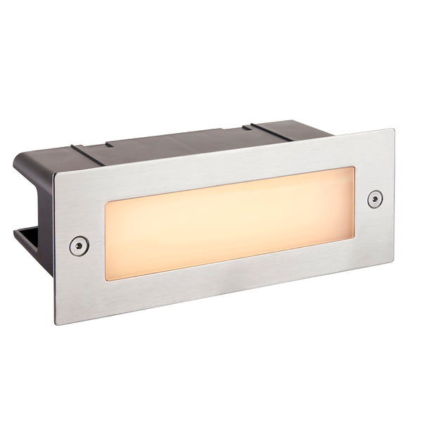 Rectangular recessed LED light with a brushed steel frame and warm white glow