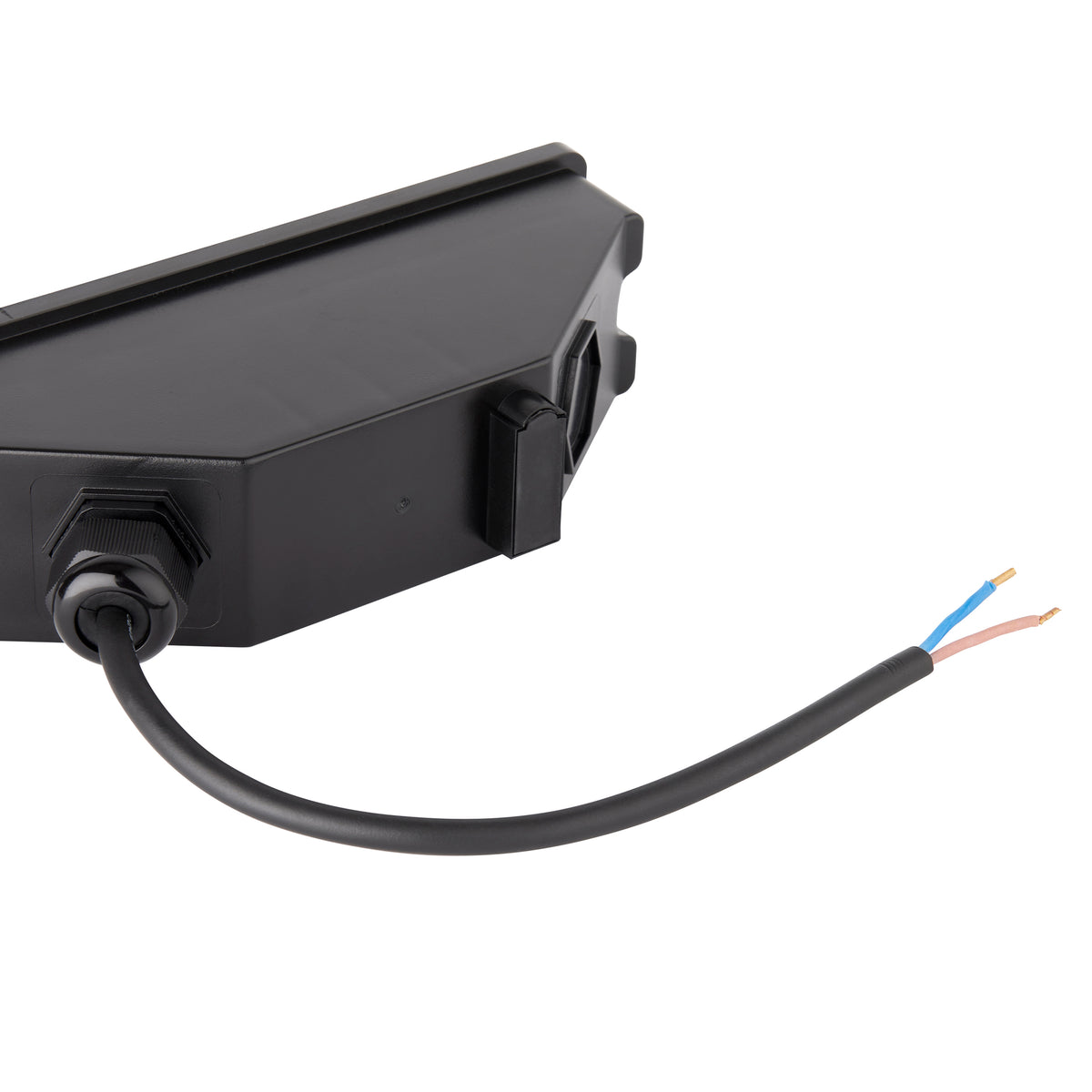Black electrical box with a black cable extending from it, revealing blue and brown wires at the end