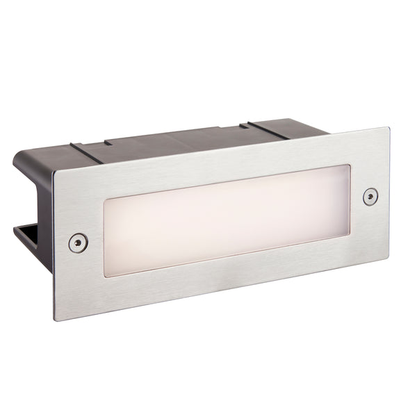 Rectangular brushed metal outdoor step light with a frosted white diffuser
