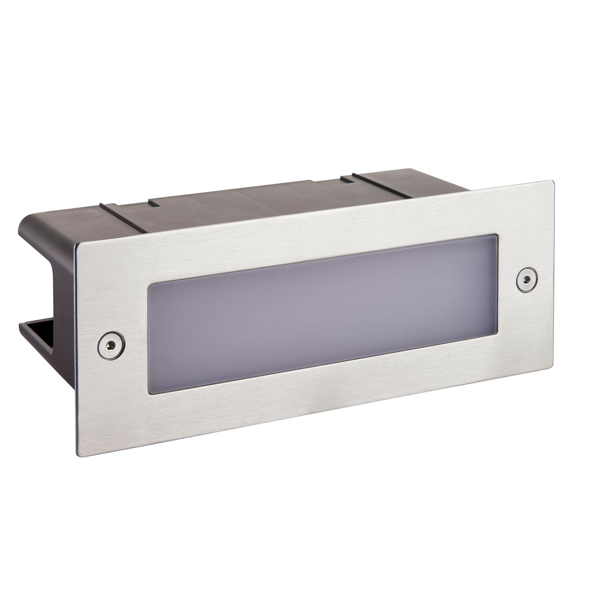 Rectangular brushed metal recessed light fixture with a frosted glass panel