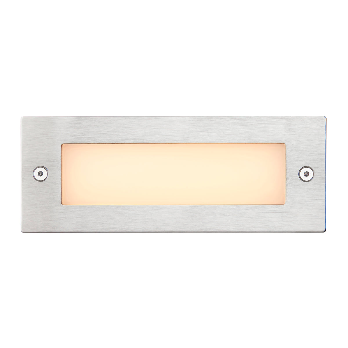 Rectangular brushed metal outdoor step light with a warm white glow