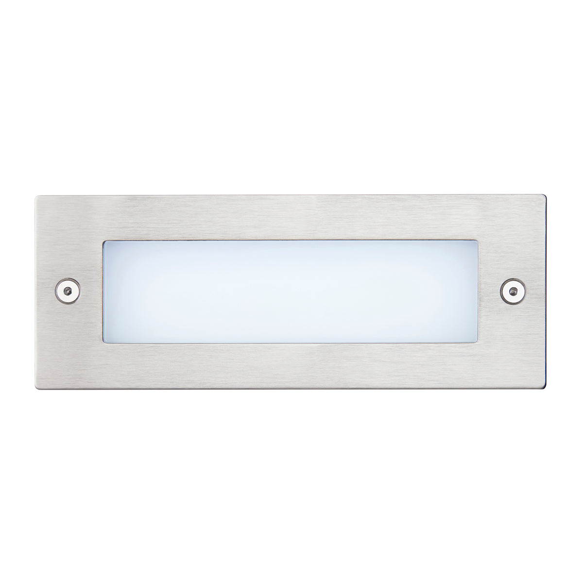 Rectangular brushed metal outdoor light with a frosted white diffuser
