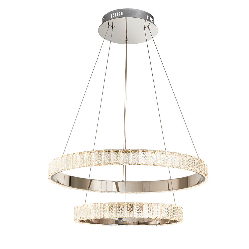 Two-tier crystal ring chandelier with a polished chrome finish on a white background.