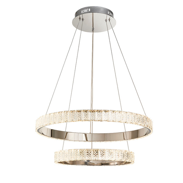 Two-tier crystal ring chandelier with a polished chrome finish on a white background.