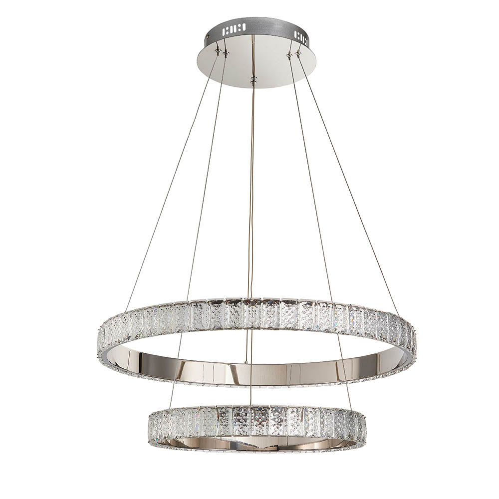 Two-tier crystal ring chandelier with a polished chrome finish.