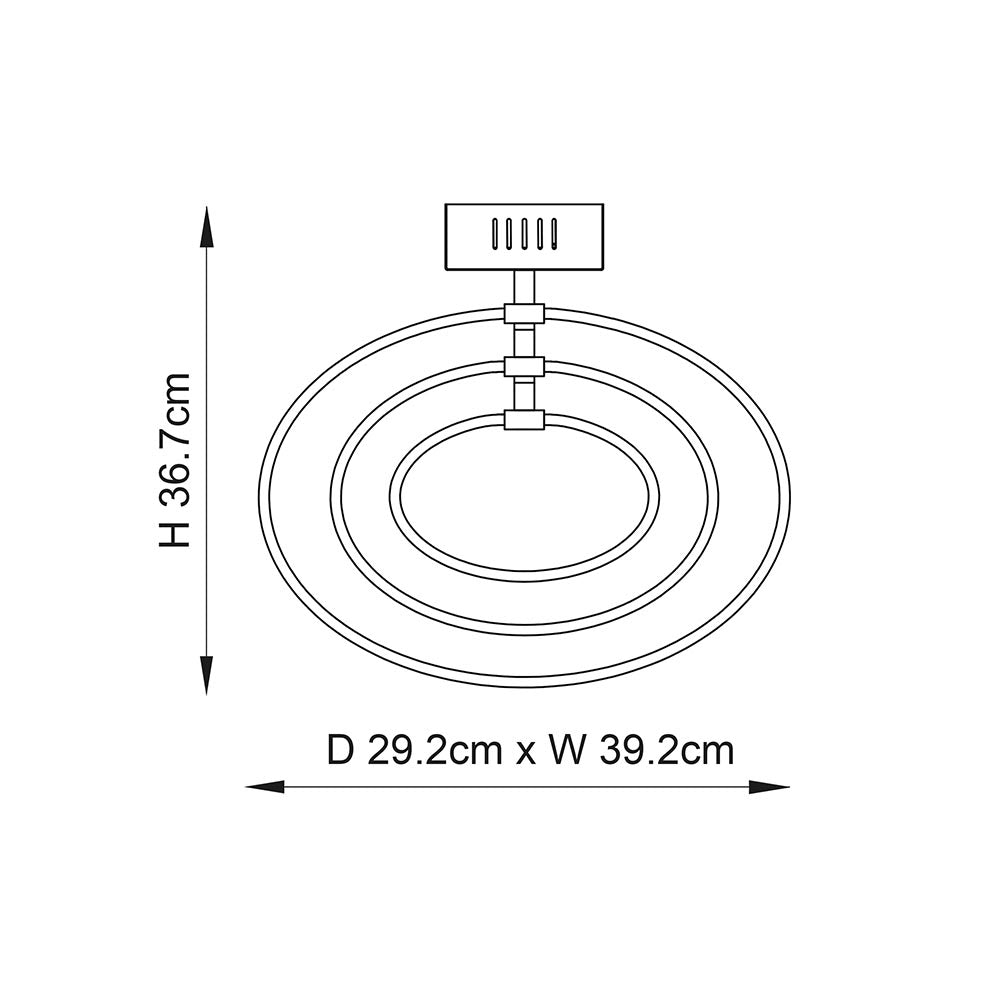 Line drawing of a ceiling light with three oval rings, showing dimensions: H 36.7cm, D 29.2cm x W 39.2cm.