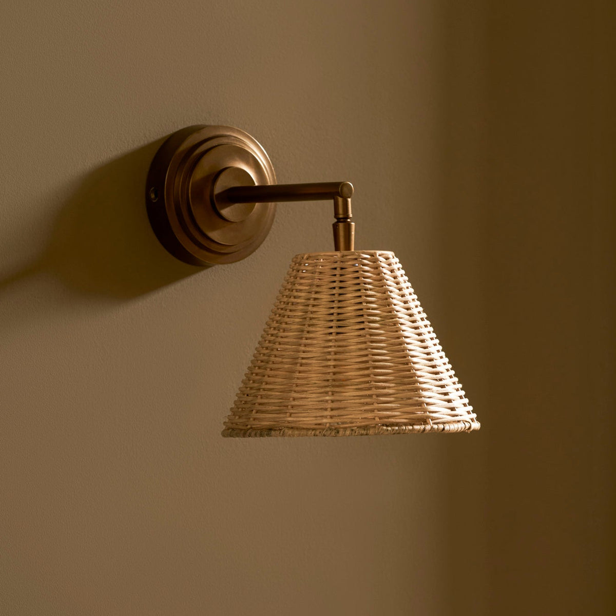 Hatherley Antique Brass Wall Light With Rattan Shade
