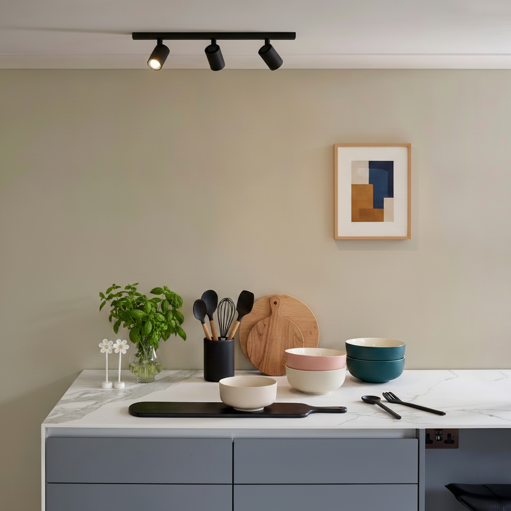 Kitchen counter with bowls, utensils, cutting boards, and a basil plant under track lighting