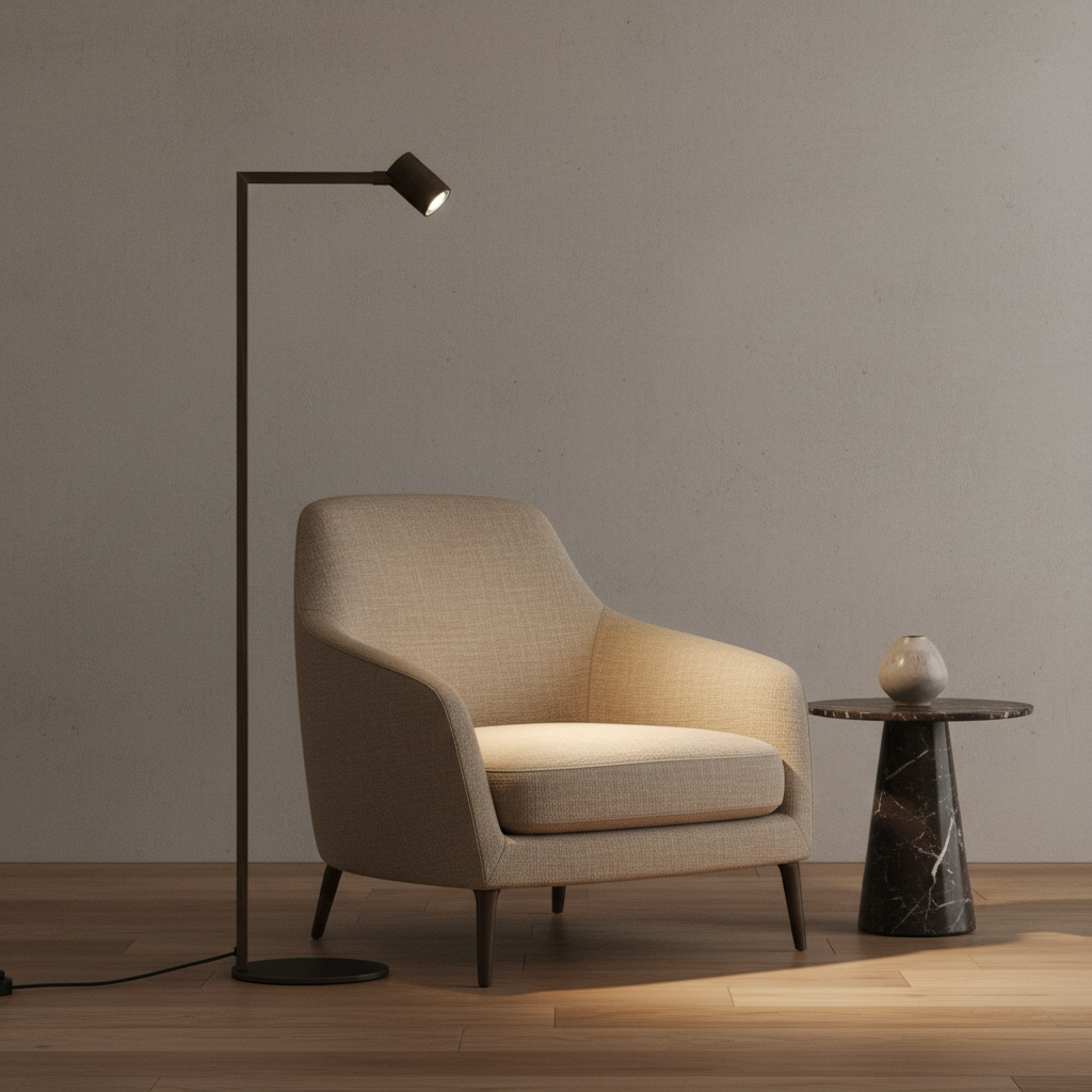 Beige armchair, black marble side table with vase, and black floor lamp on a wooden floor