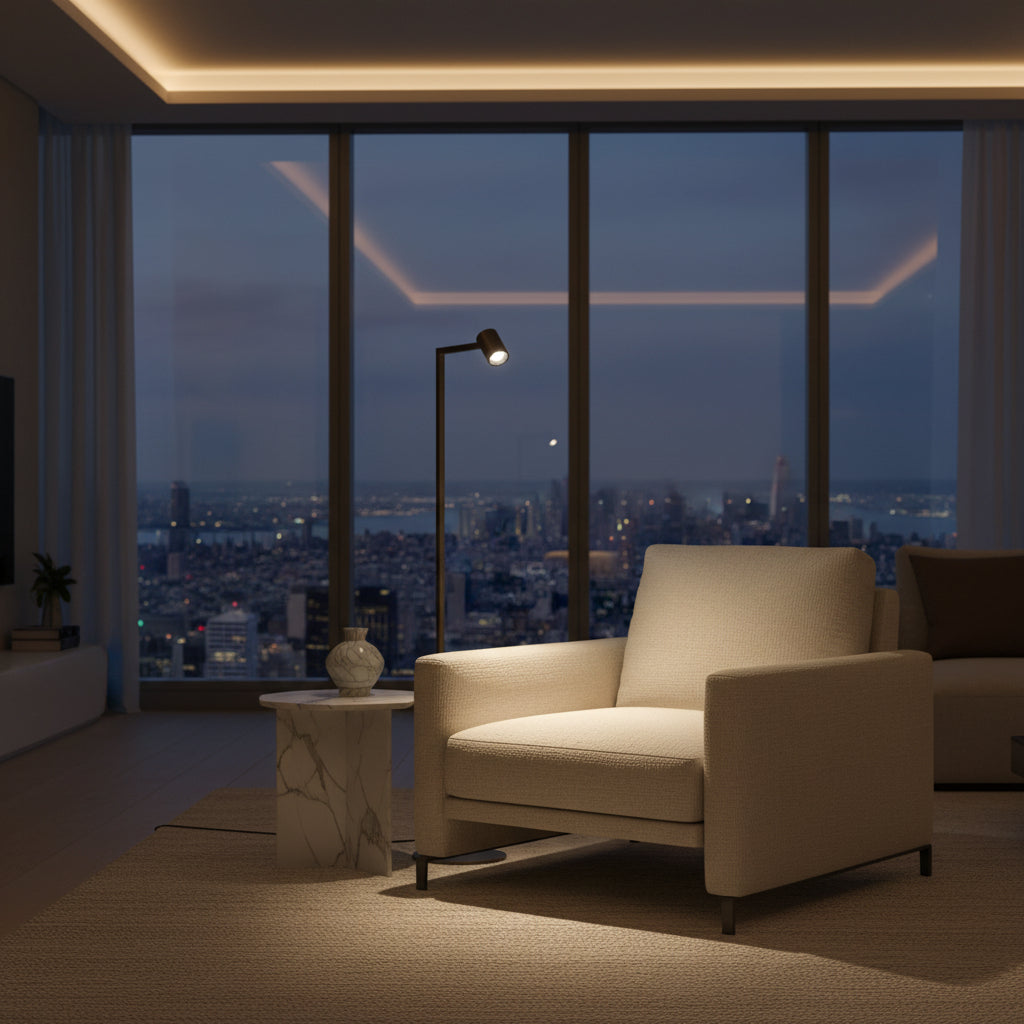 Living room with a cream armchair, marble side table, and a floor lamp with a city view at night