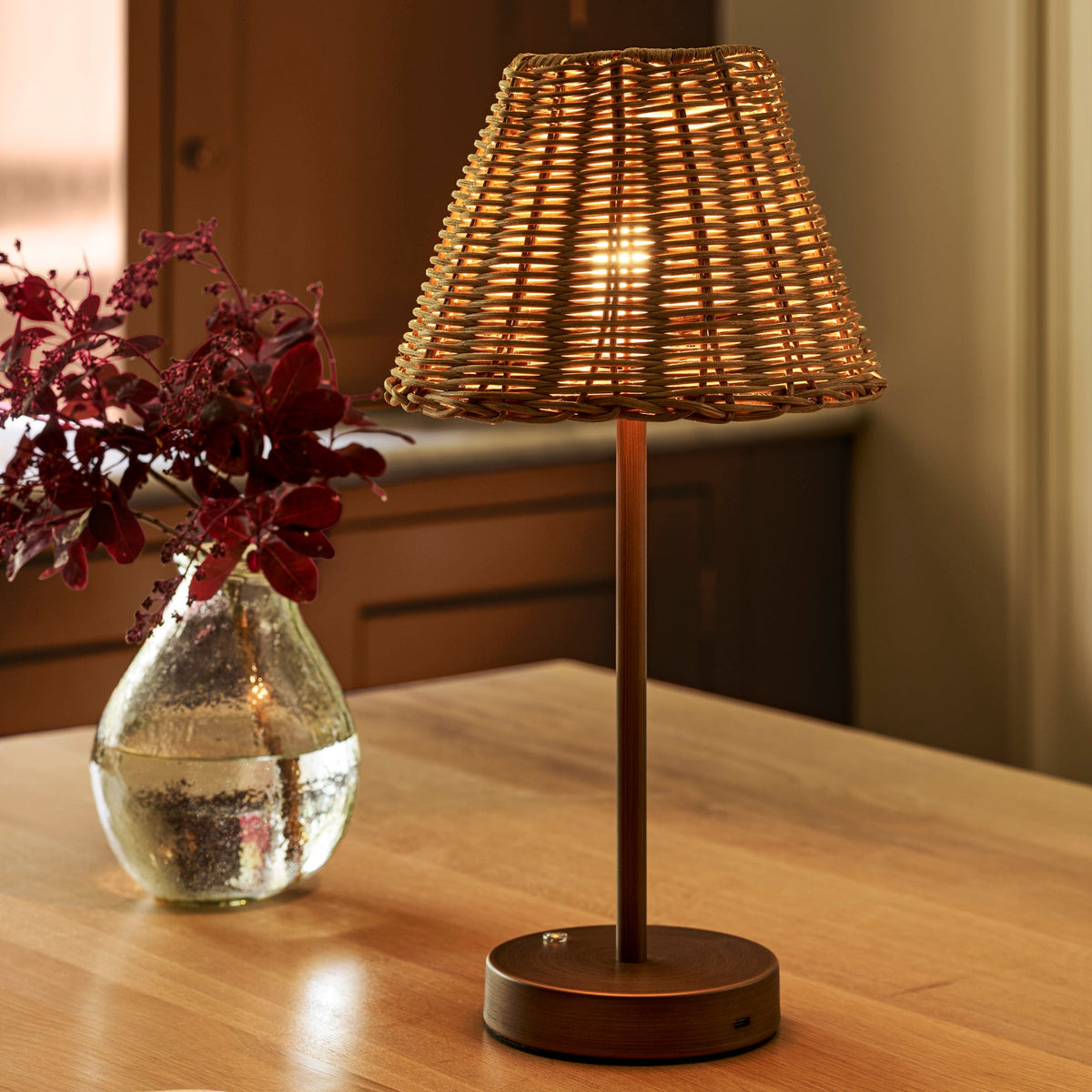 Burleigh Rechargeable Bronze Table Lamp With Rattan Shade