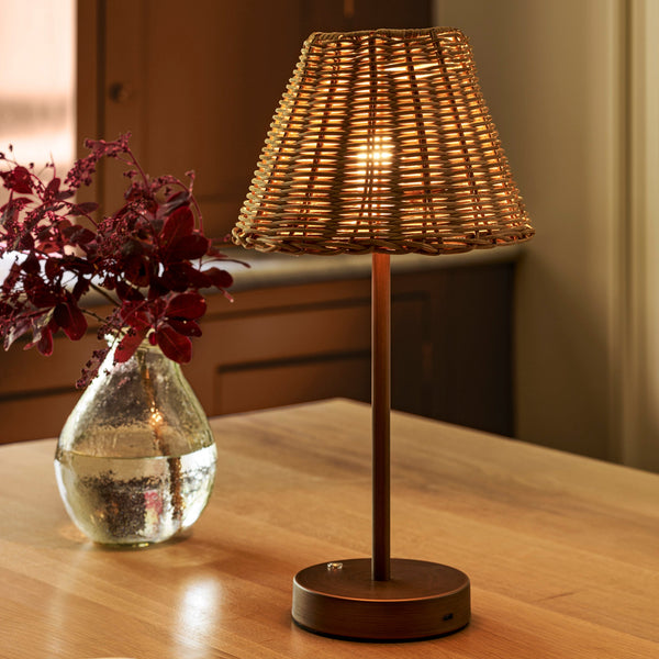 Burleigh Rechargeable Bronze Table Lamp With Rattan Shade