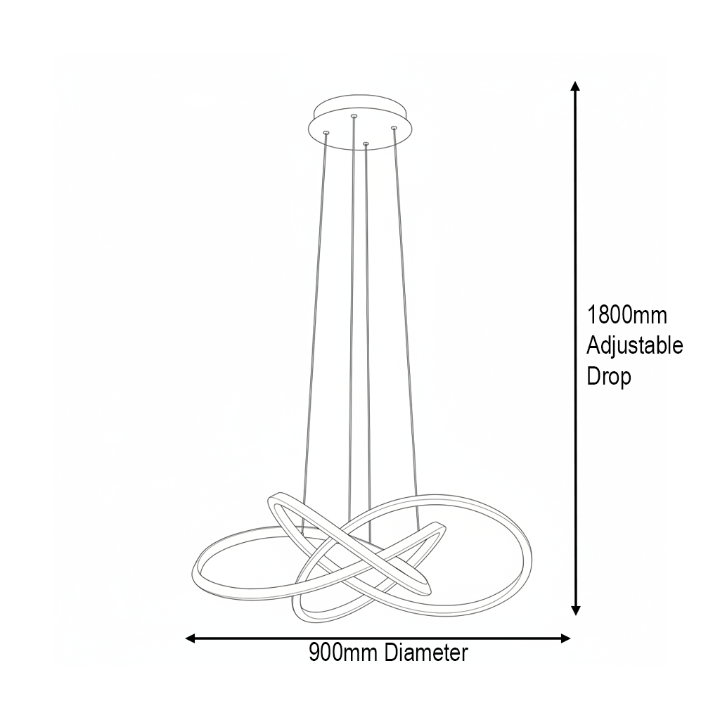Line drawing of a chandelier with three intertwined rings and dimensions of 900mm diameter and 1800mm drop