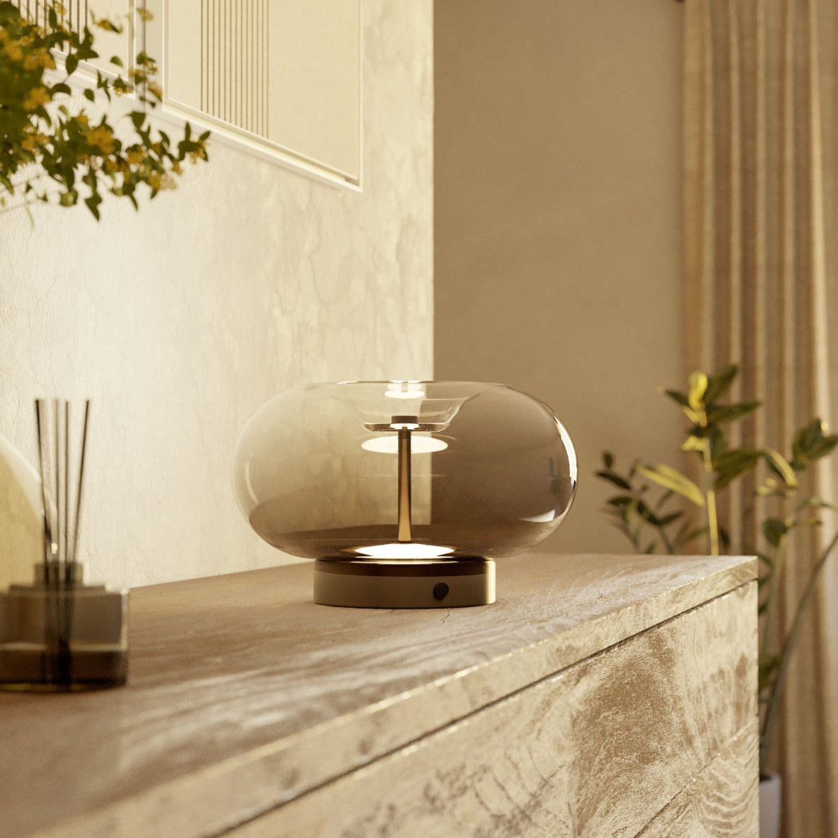 Optica 1 CCT LED Table Lamp in Bronze with Brown Transparent Glass