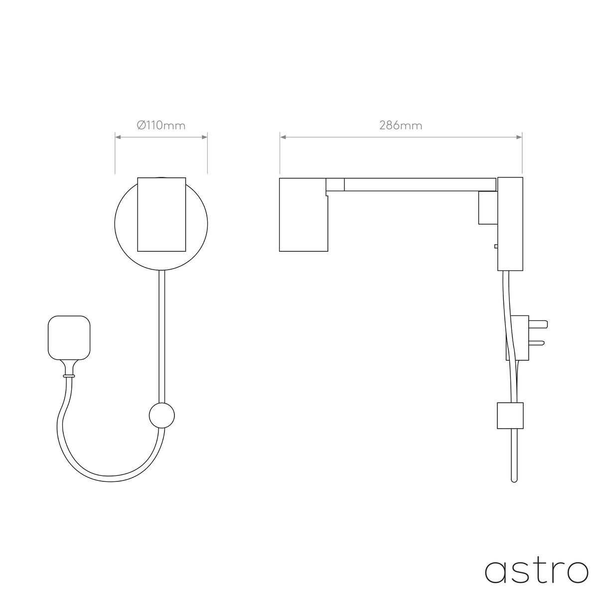 Line drawing of a wall-mounted light fixture with a circular base and a rectangular light source