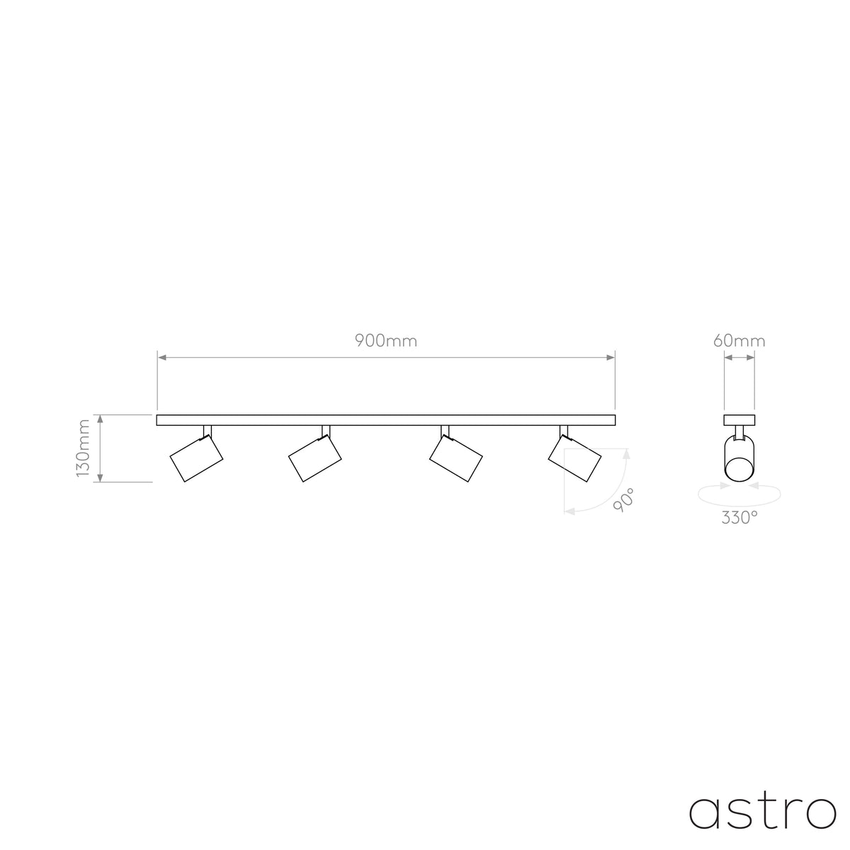 Technical drawing of the Astro lighting product with dimensions and angles