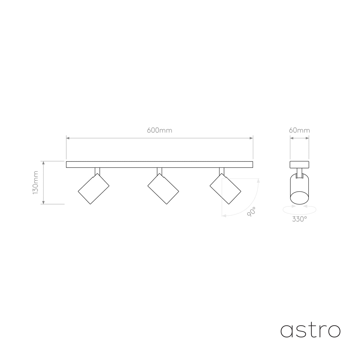 Astro lighting technical drawing with dimensions for a three-light track fixture