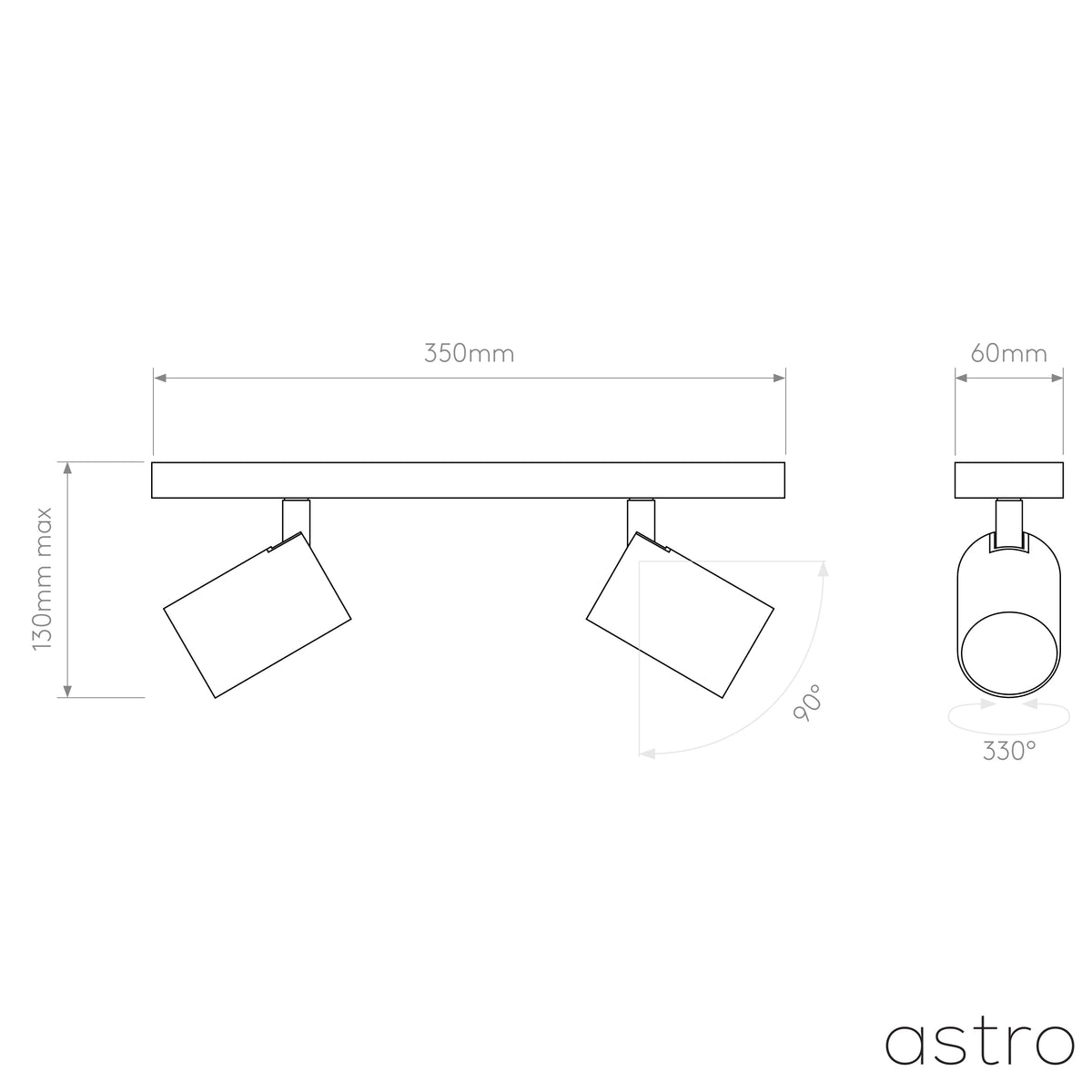 Technical drawing of a rectangular light fixture with two adjustable cylindrical spotlights, showing dimensions
