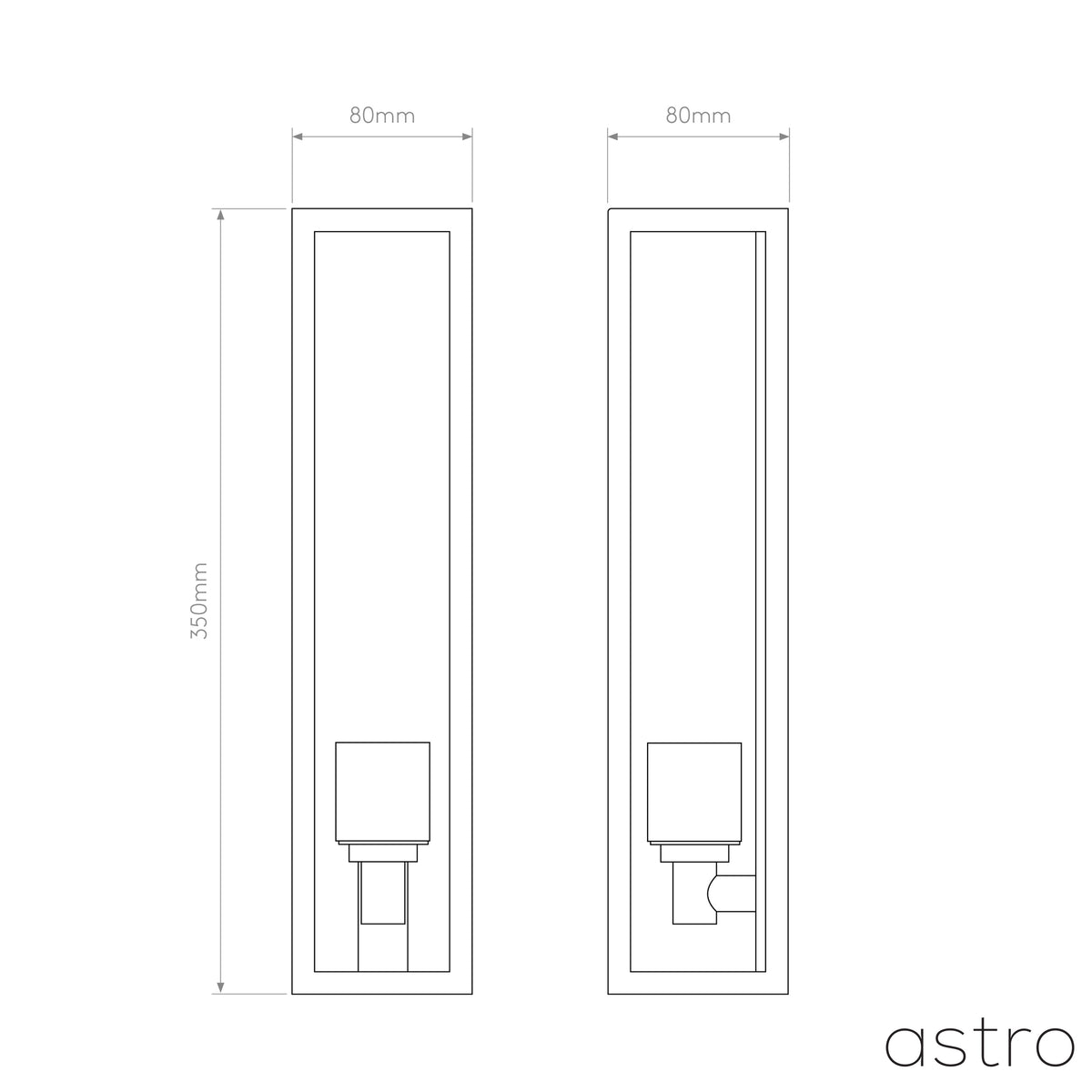 Technical drawing of a wall light, front and side view, with dimensions 350mm height and 80mm width
