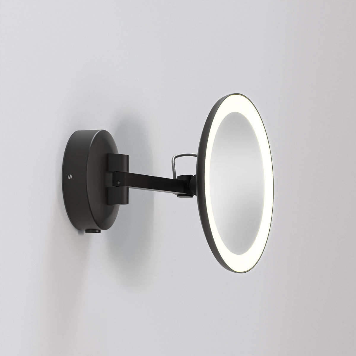 Black wall-mounted magnifying mirror with LED light