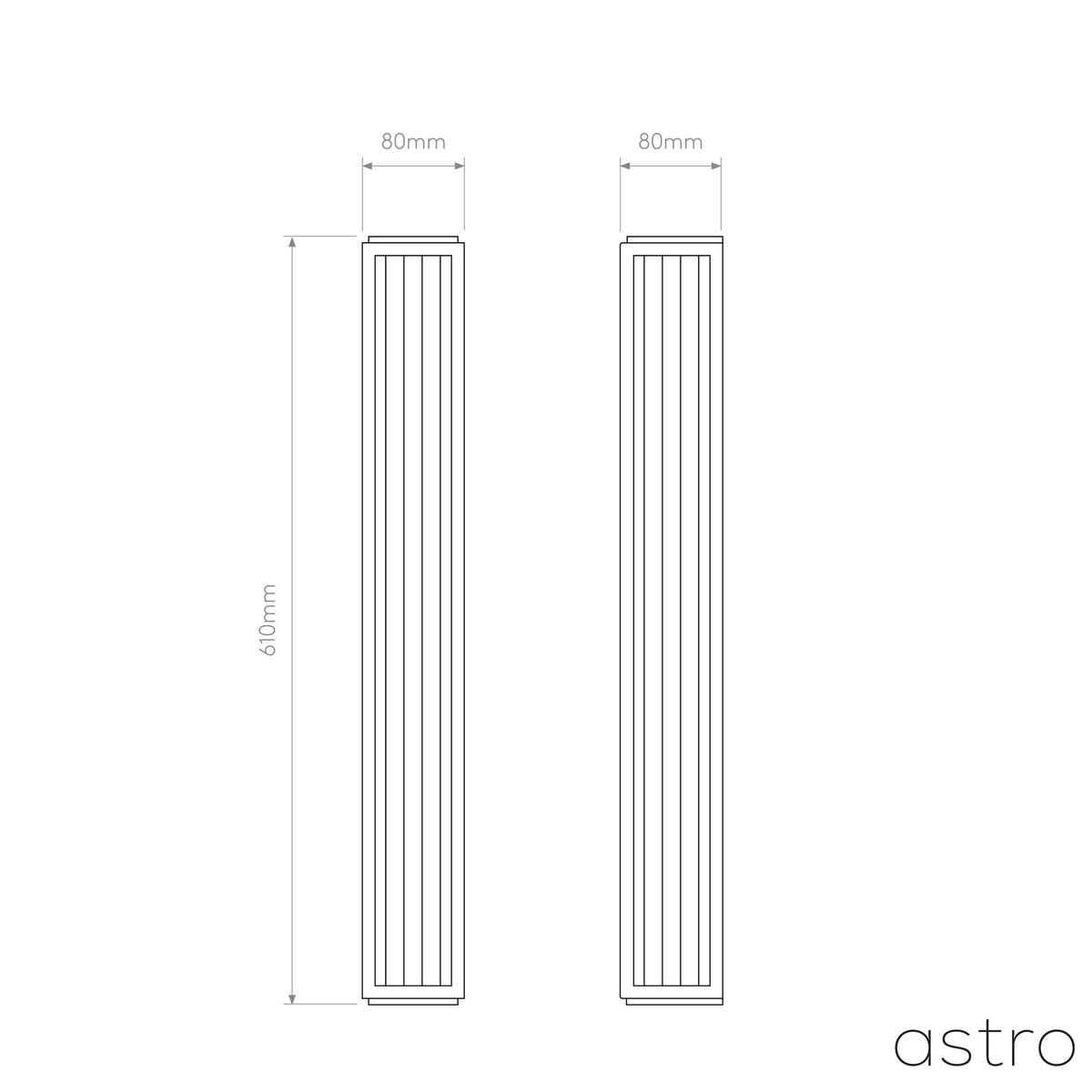 Technical drawing of two rectangular wall lights, 610mm high and 80mm wide