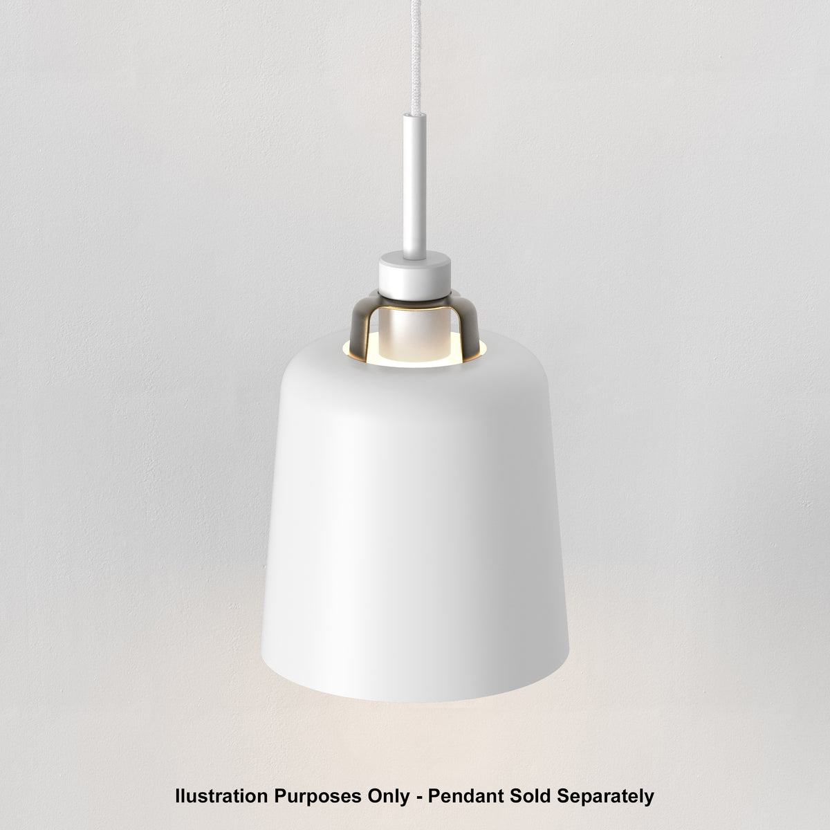 White pendant light with a metal accent ring and a white cord