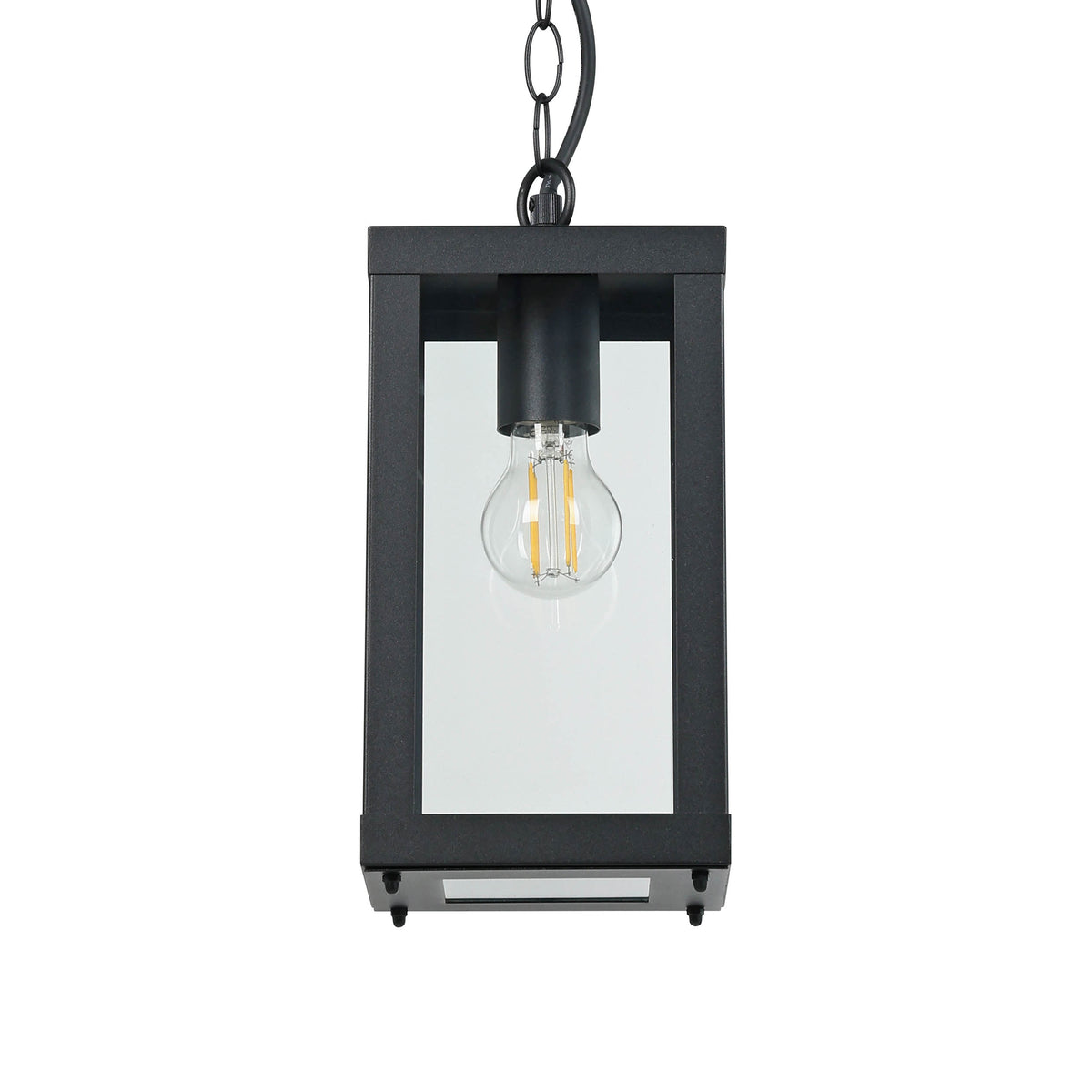 Black outdoor hanging lantern with clear glass panels and an exposed filament bulb