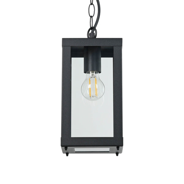 Black outdoor hanging lantern with clear glass panels and an exposed filament bulb
