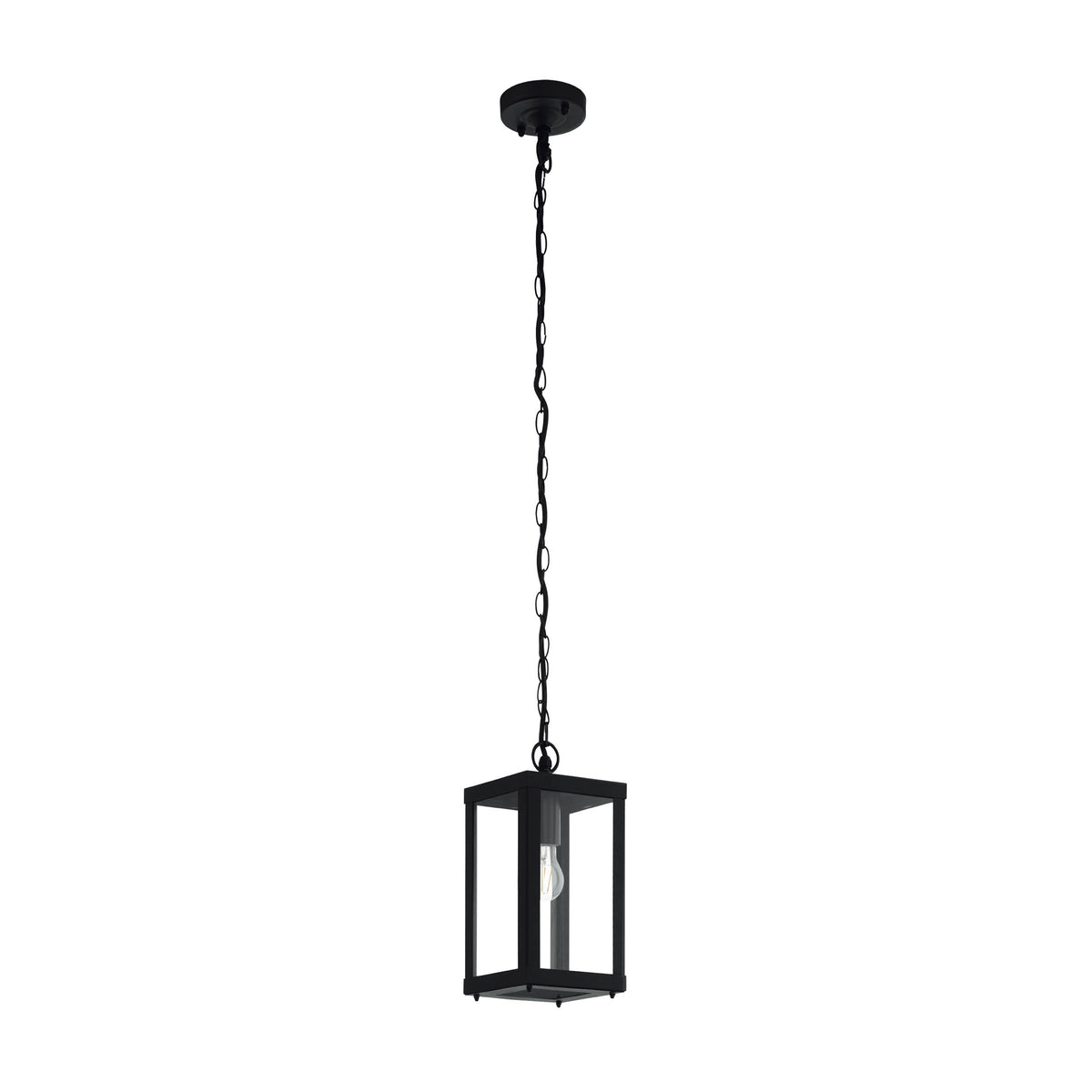 Black outdoor hanging lantern with clear glass panels and an exposed bulb