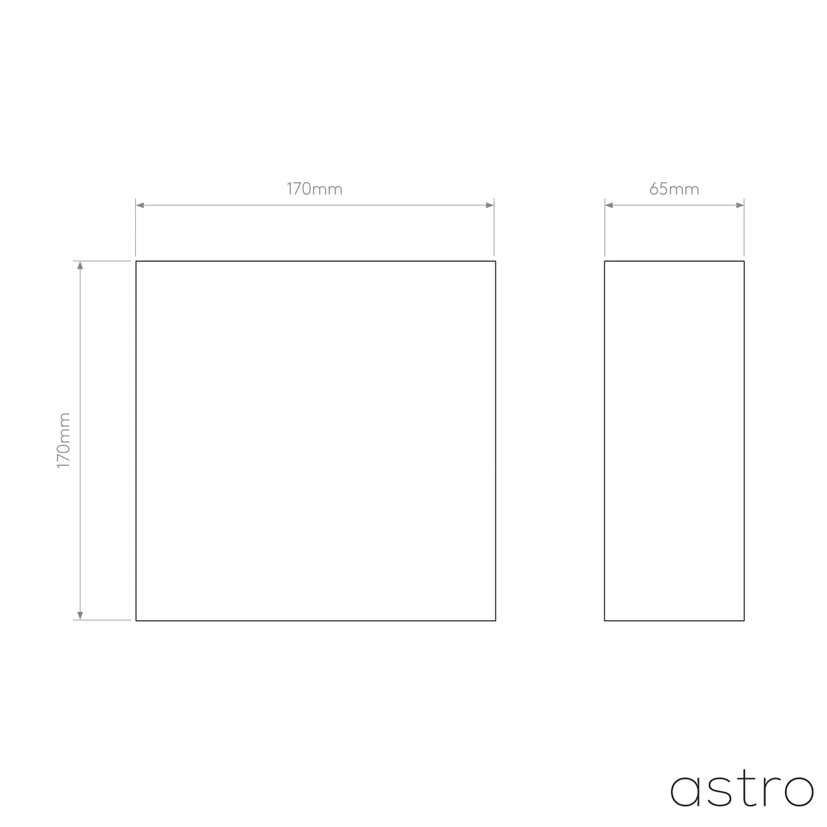 Line drawing of a square light fixture with dimensions 170mm by 170mm by 65mm