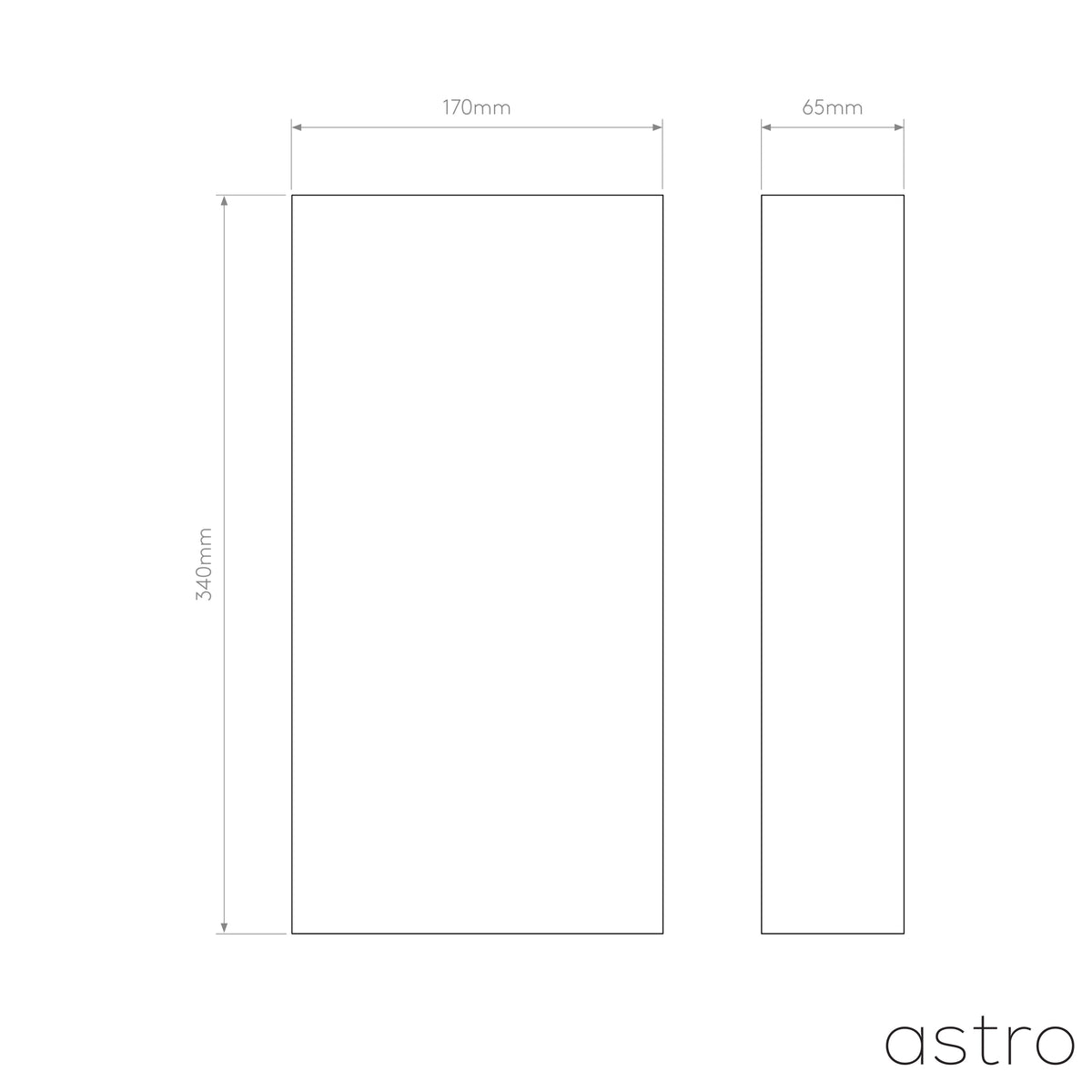Diagram of the product dimensions: 340mm height, 170mm width, and 65mm depth