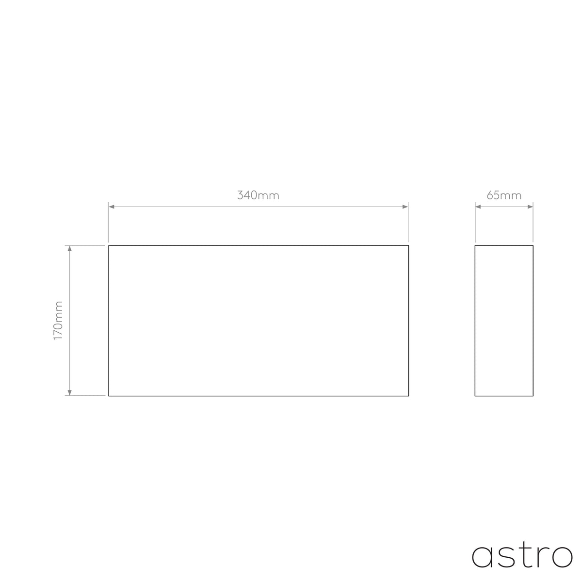 Technical drawing with dimensions: 340mm width, 170mm height, 65mm depth