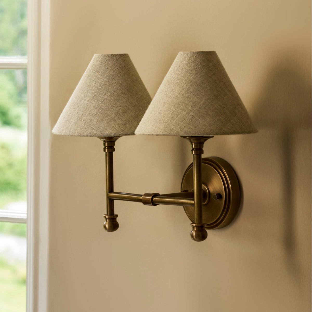 Kelmscot Twin Antique Brass Light with Linen Shades