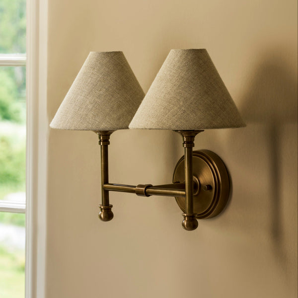 Kelmscot Twin Antique Brass Light with Linen Shades