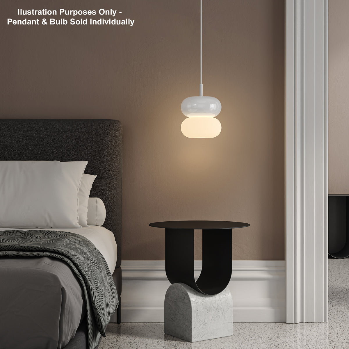 White pendant light with two stacked rounded shades illuminating a bedroom with a dark grey bed and a black and concrete side table