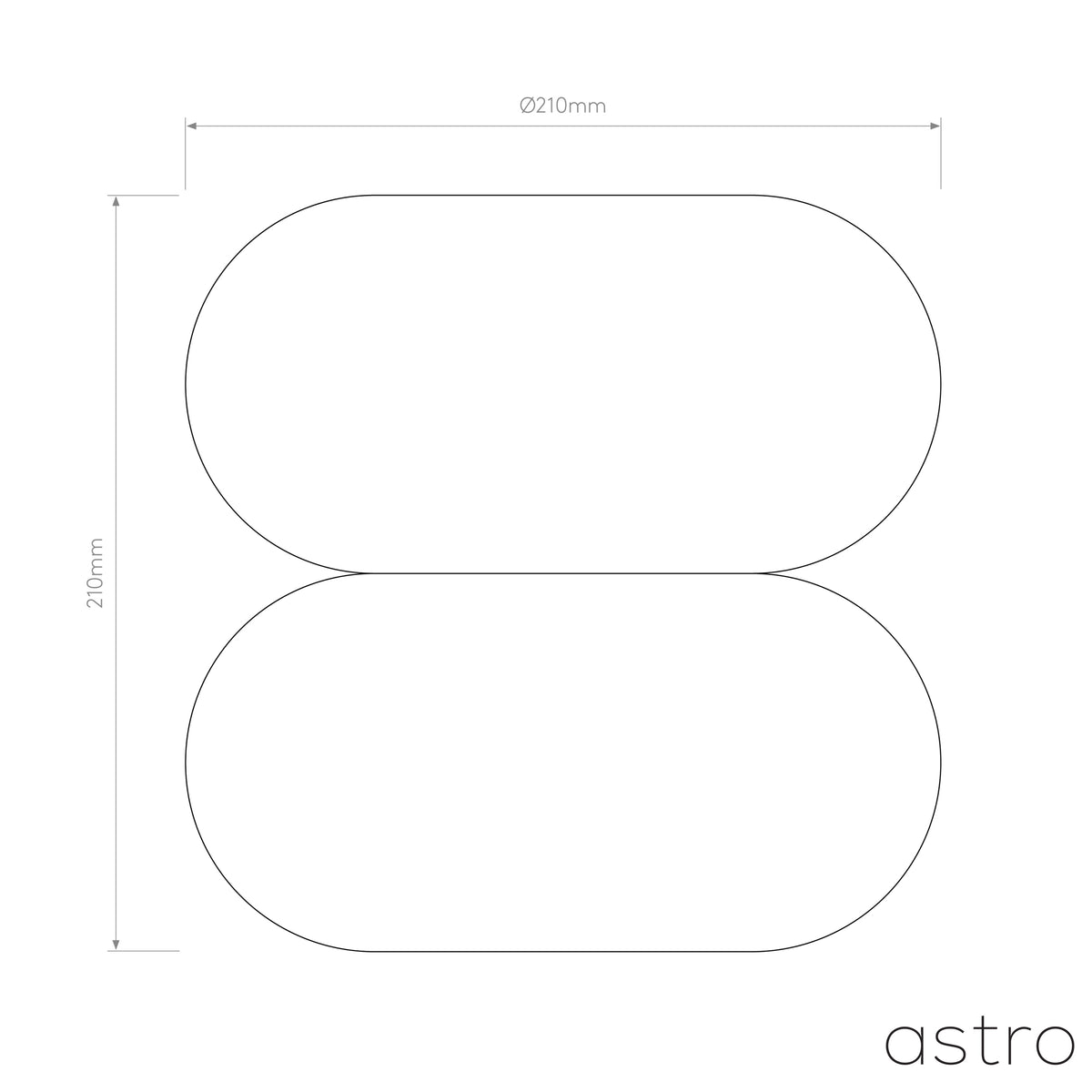 Technical drawing of a rectangular light fixture with rounded edges, 210mm wide and 210mm high