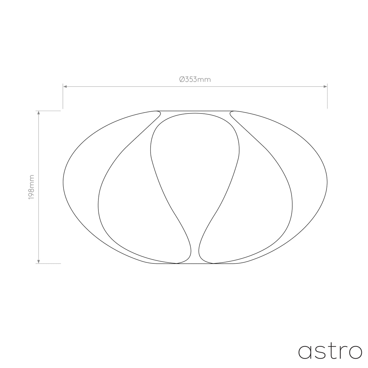 Technical drawing of the product showing its dimensions, 353mm diameter and 198mm height