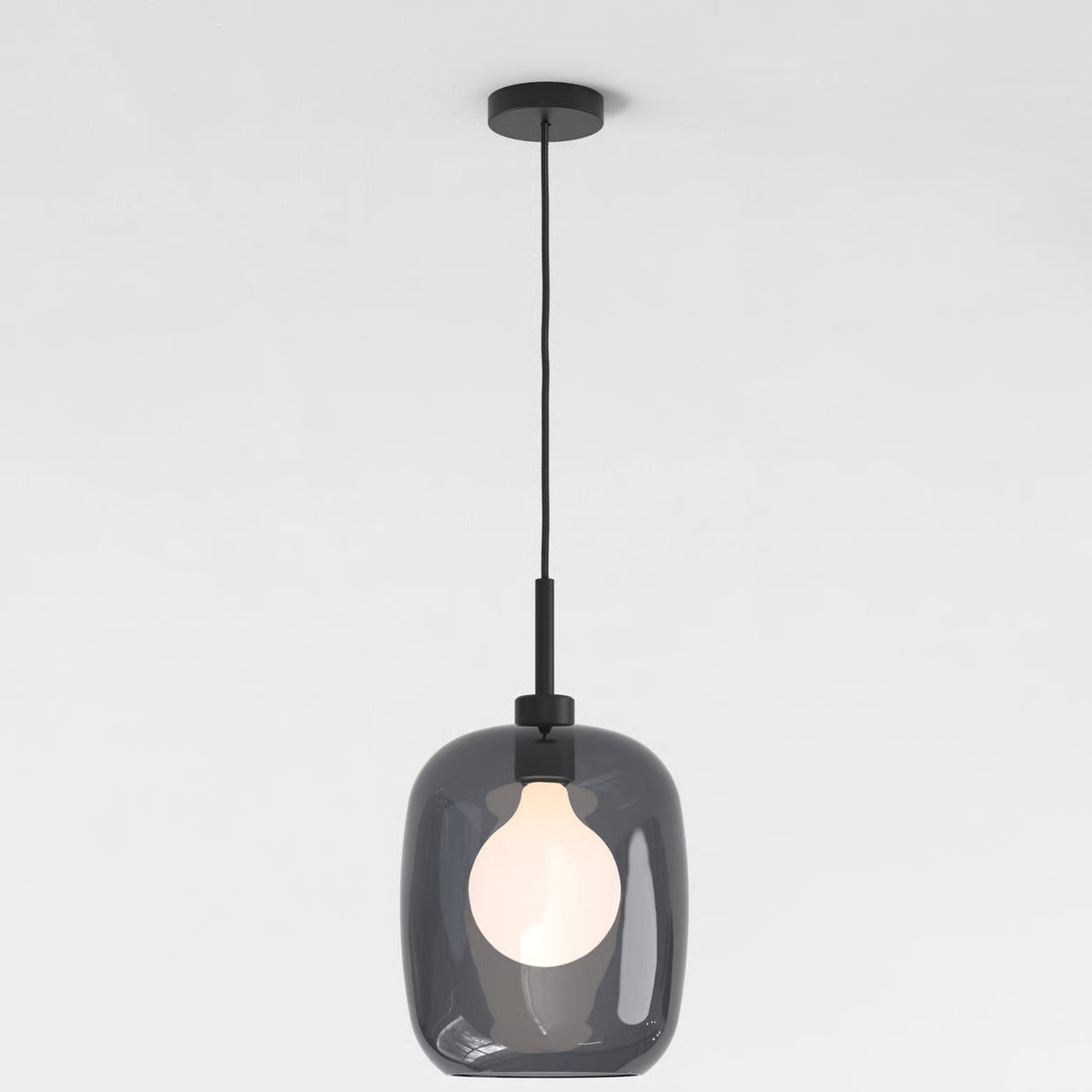 Pendant in Matt Black with Curve Glass 285 Shade in Dark Smoke