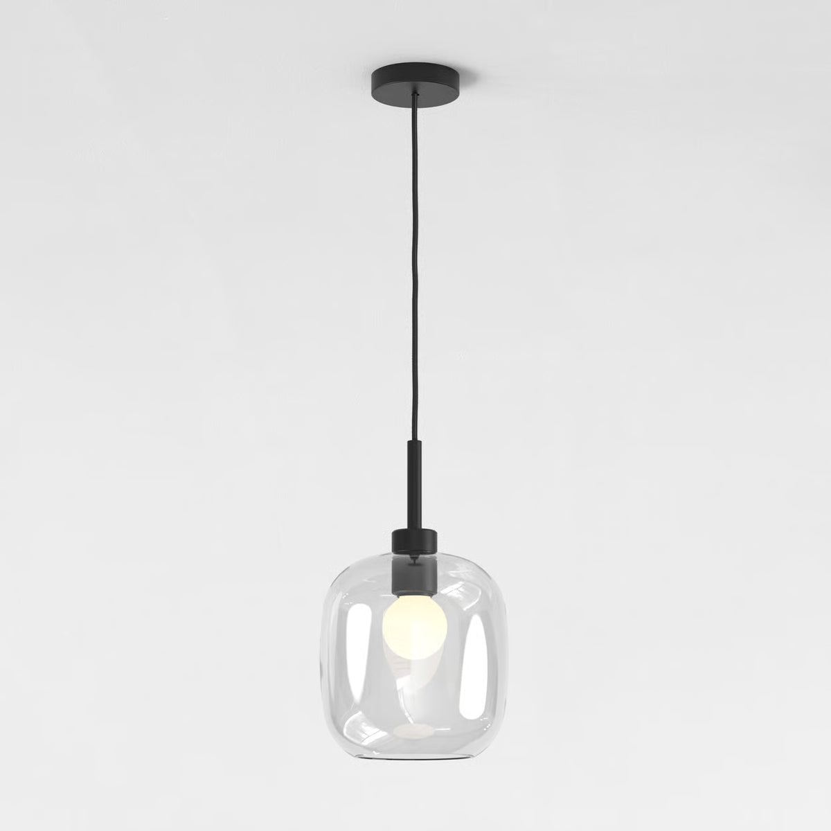 Pendant in Matt Black with Curve Glass 220 Shade in Clear Glass