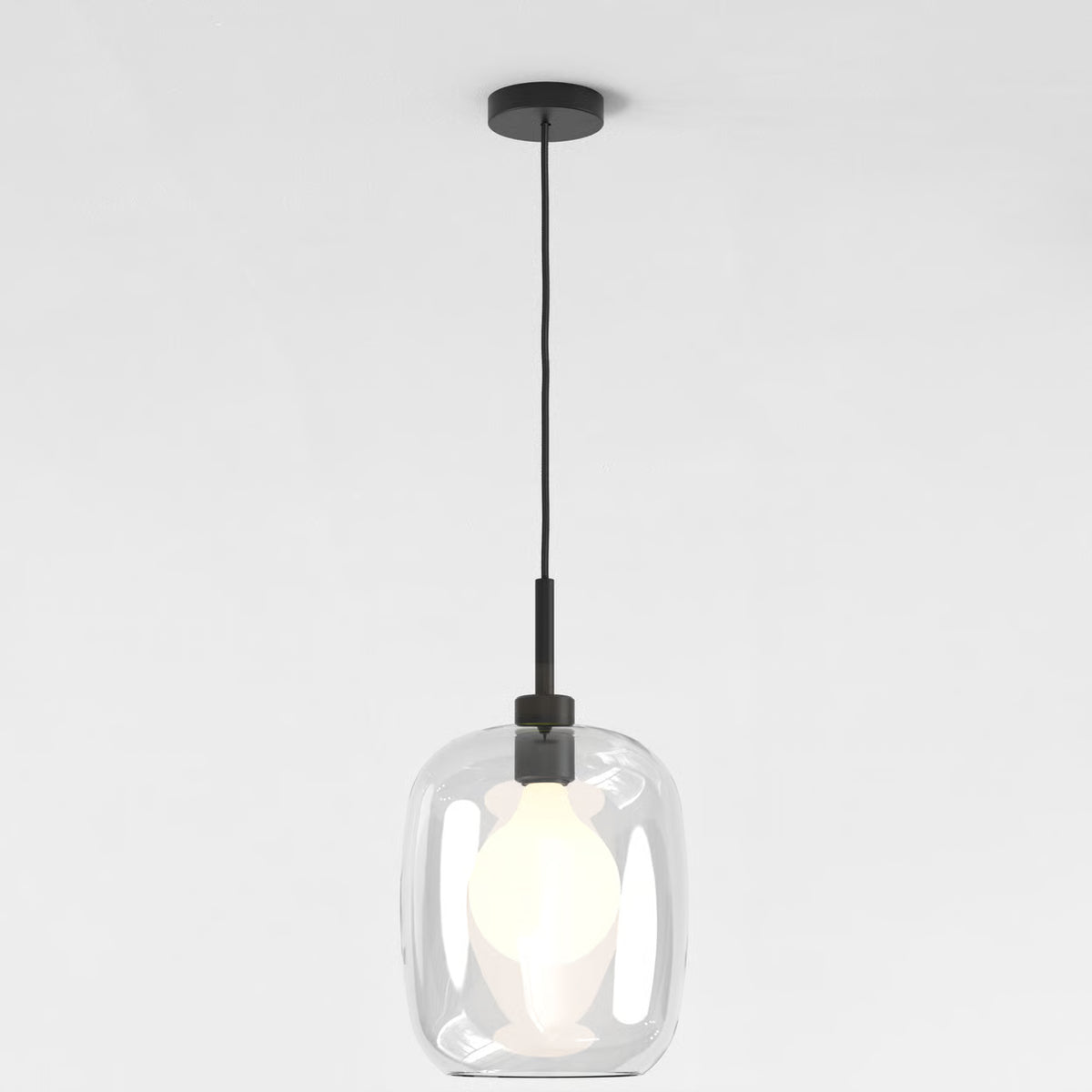 Pendant in Matt Black with Curve Glass 285 Shade in Clear Glass