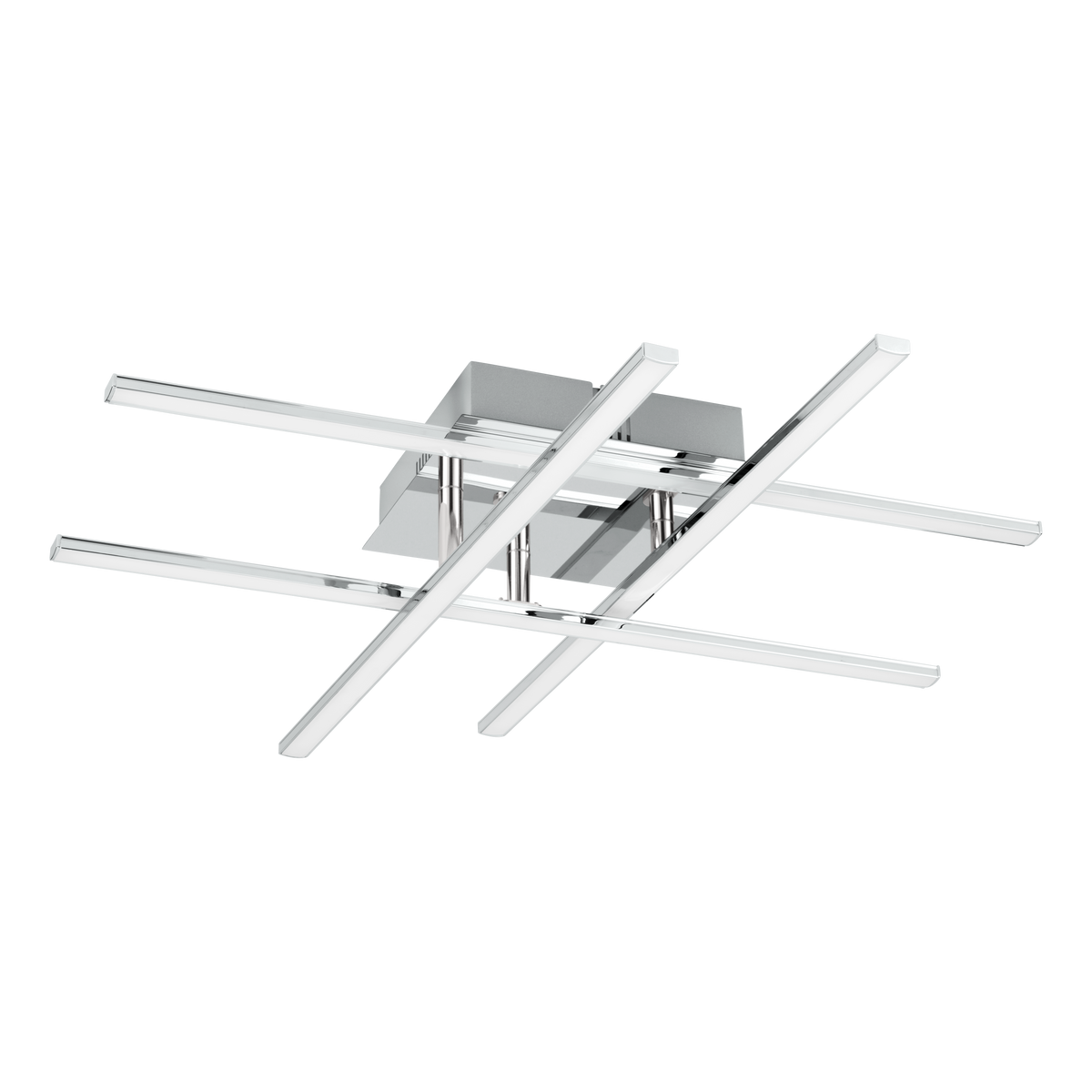 Chrome ceiling light with four intersecting linear LED bars
