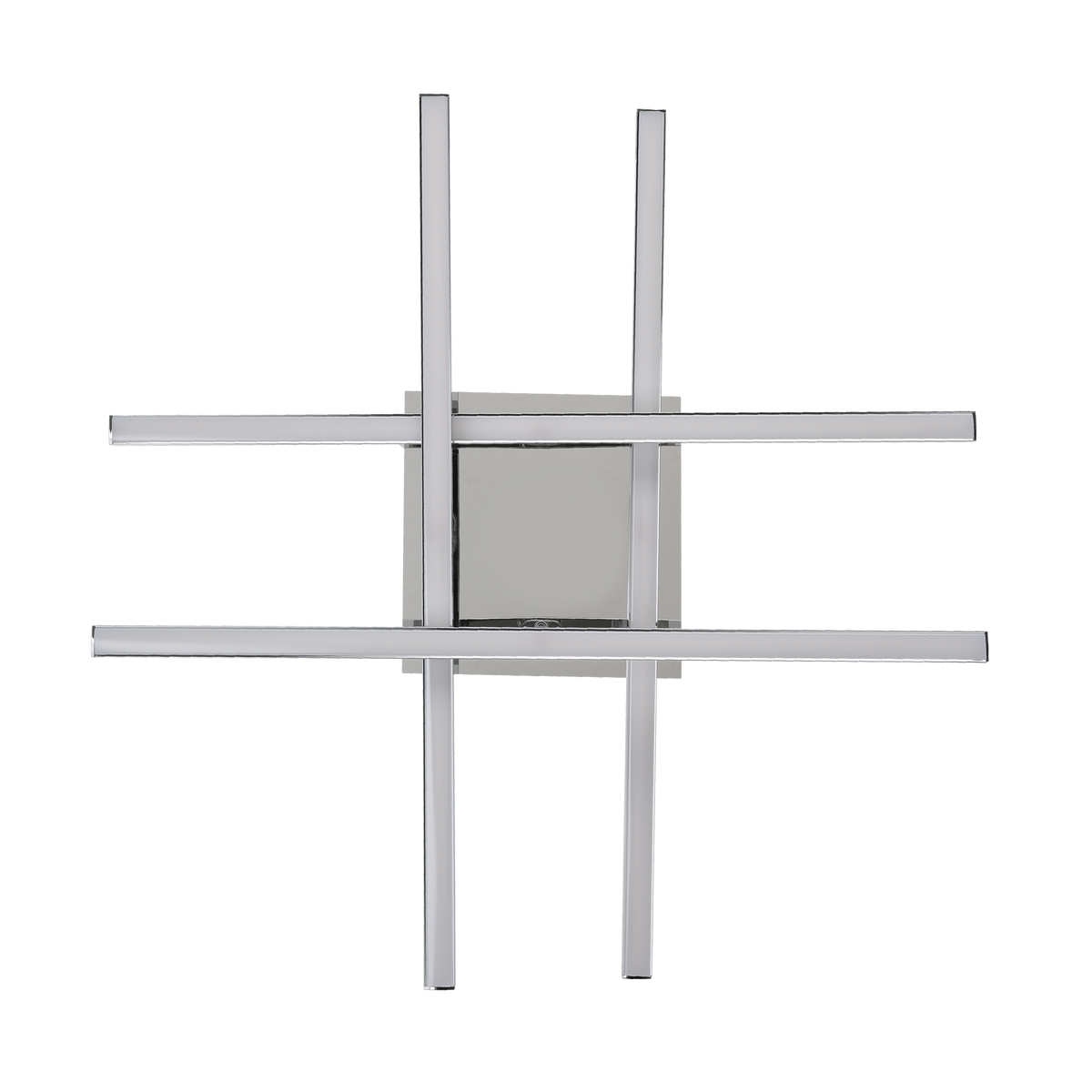 Chrome finish LED wall sconce with a square base and four intersecting horizontal and vertical light bars