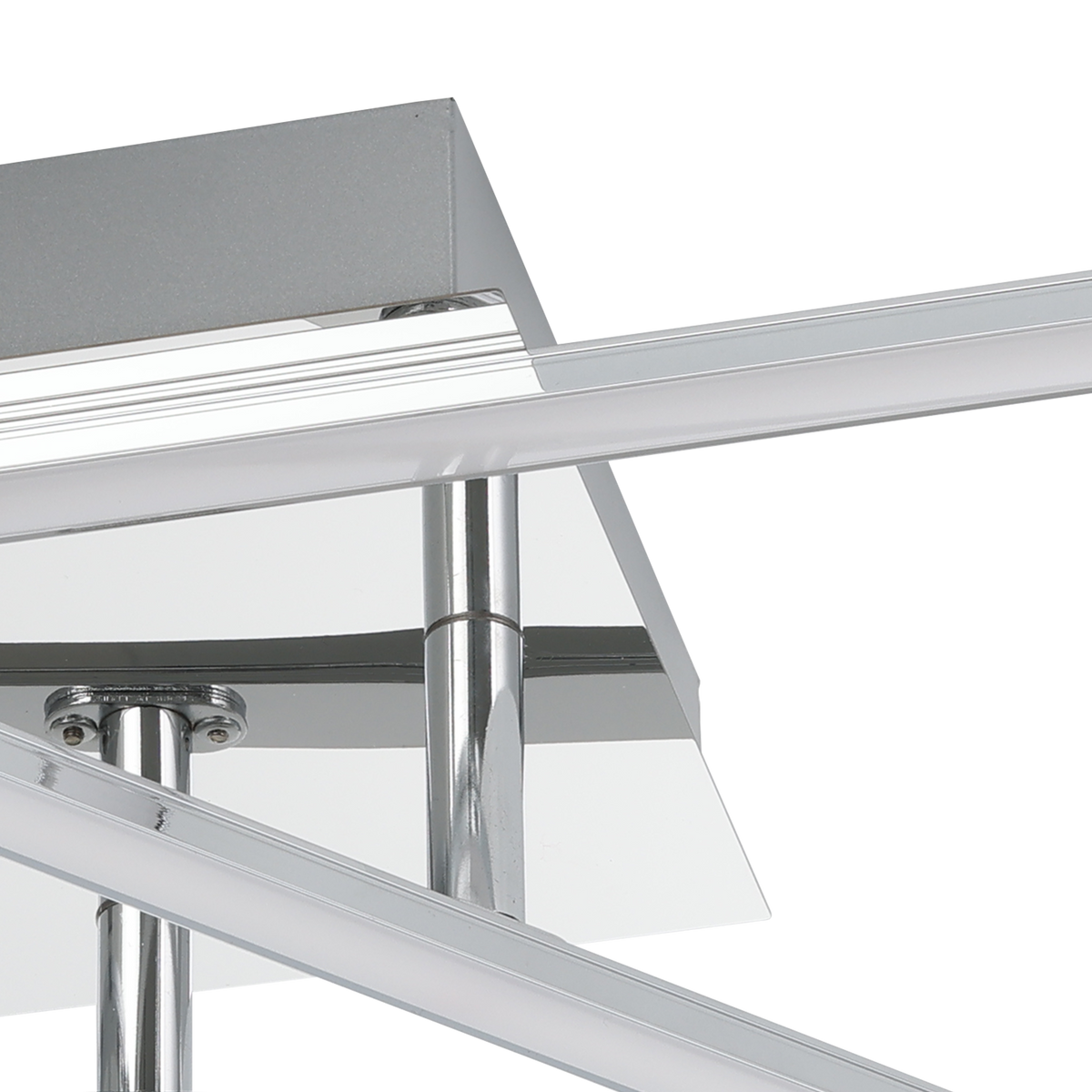 Close up of a silver ceiling light with reflective surfaces and linear LED light strips