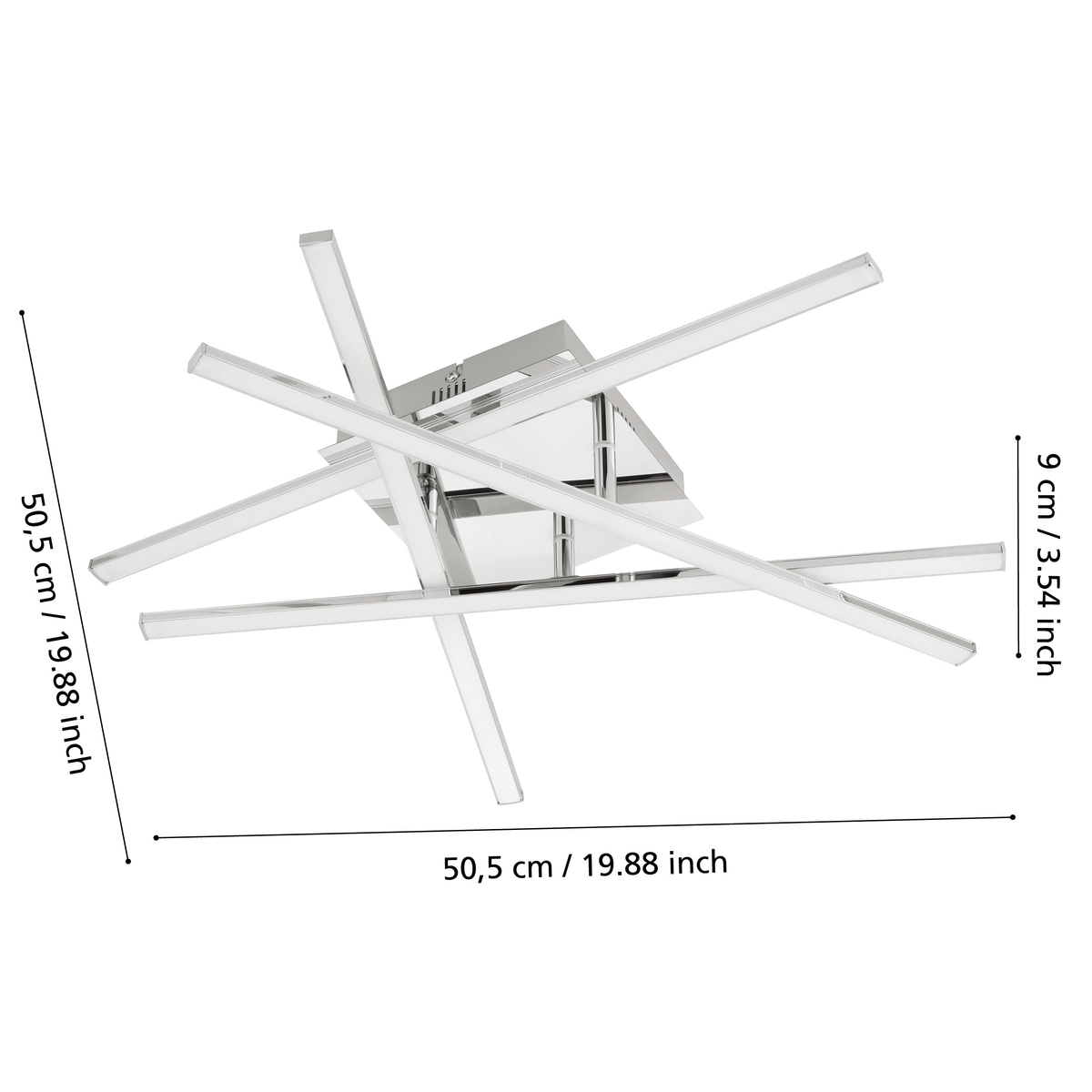 Chrome ceiling light with four intersecting linear LED bars, dimensions 50.5 cm by 50.5 cm by 9 cm