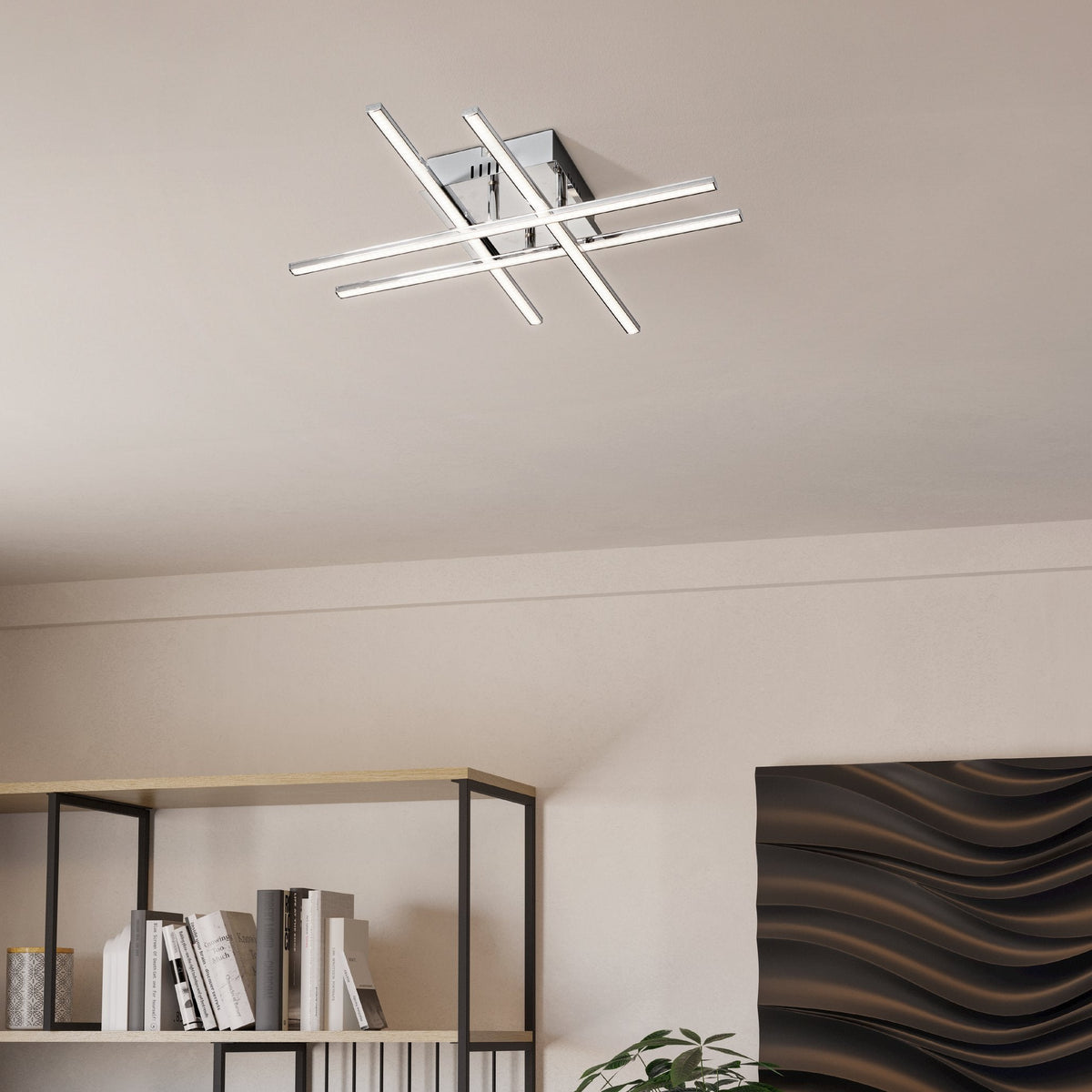Modern chrome ceiling light with intersecting linear LED bars