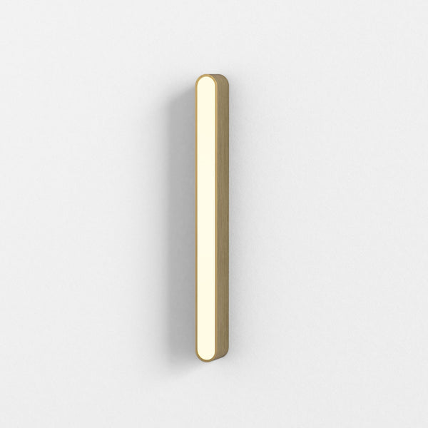 Vertical wooden wall light with rounded ends and an illuminated strip down the center