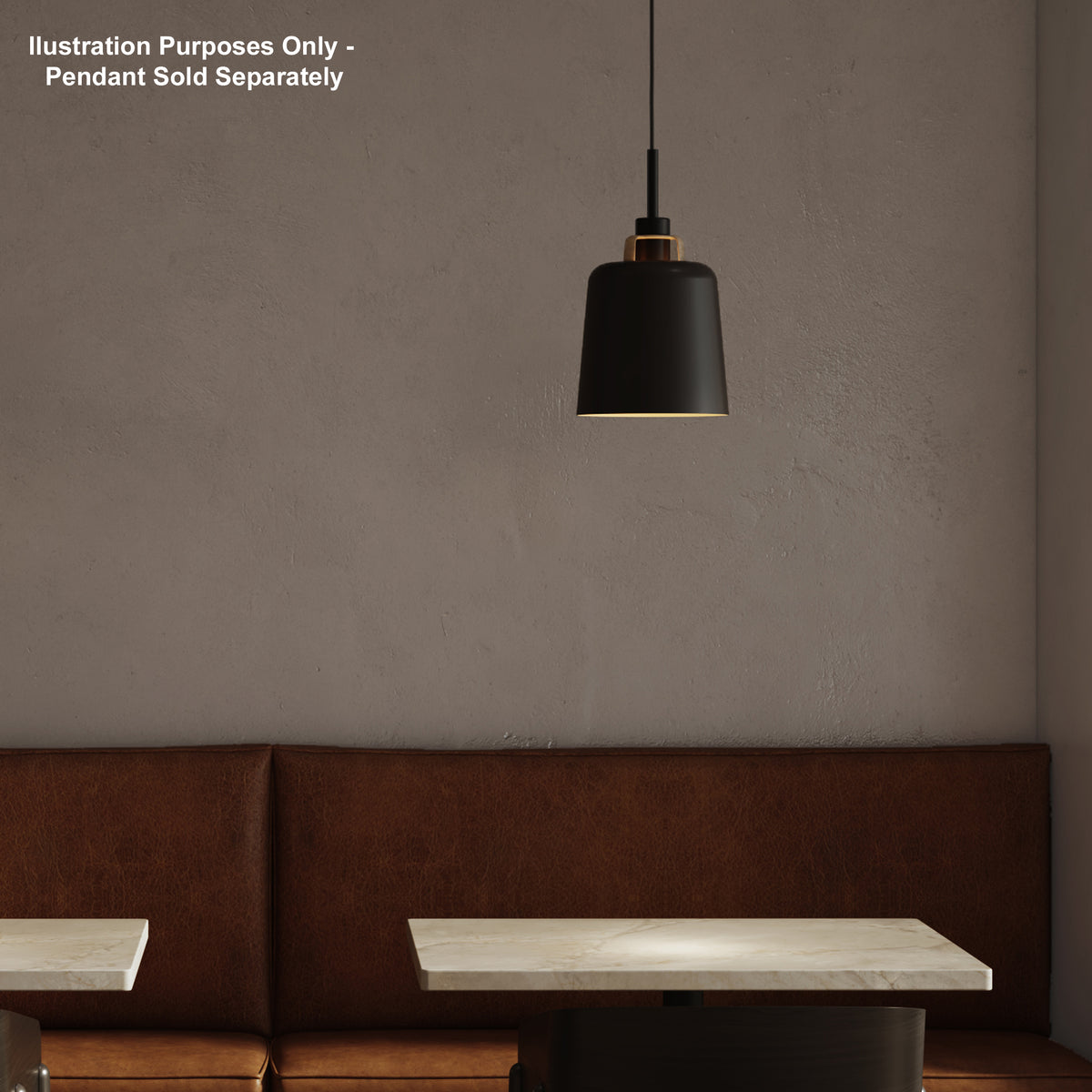 Black pendant light hanging above a booth with brown leather seating and marble tables
