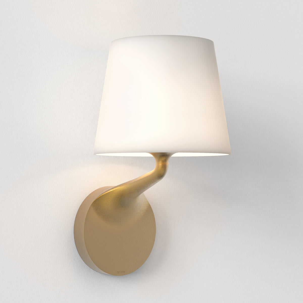 Astro brand wall light with a white shade and a curved gold base
