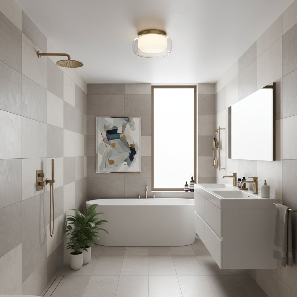 Modern bathroom with light gray tiles, white freestanding tub, double vanity, and brass fixtures