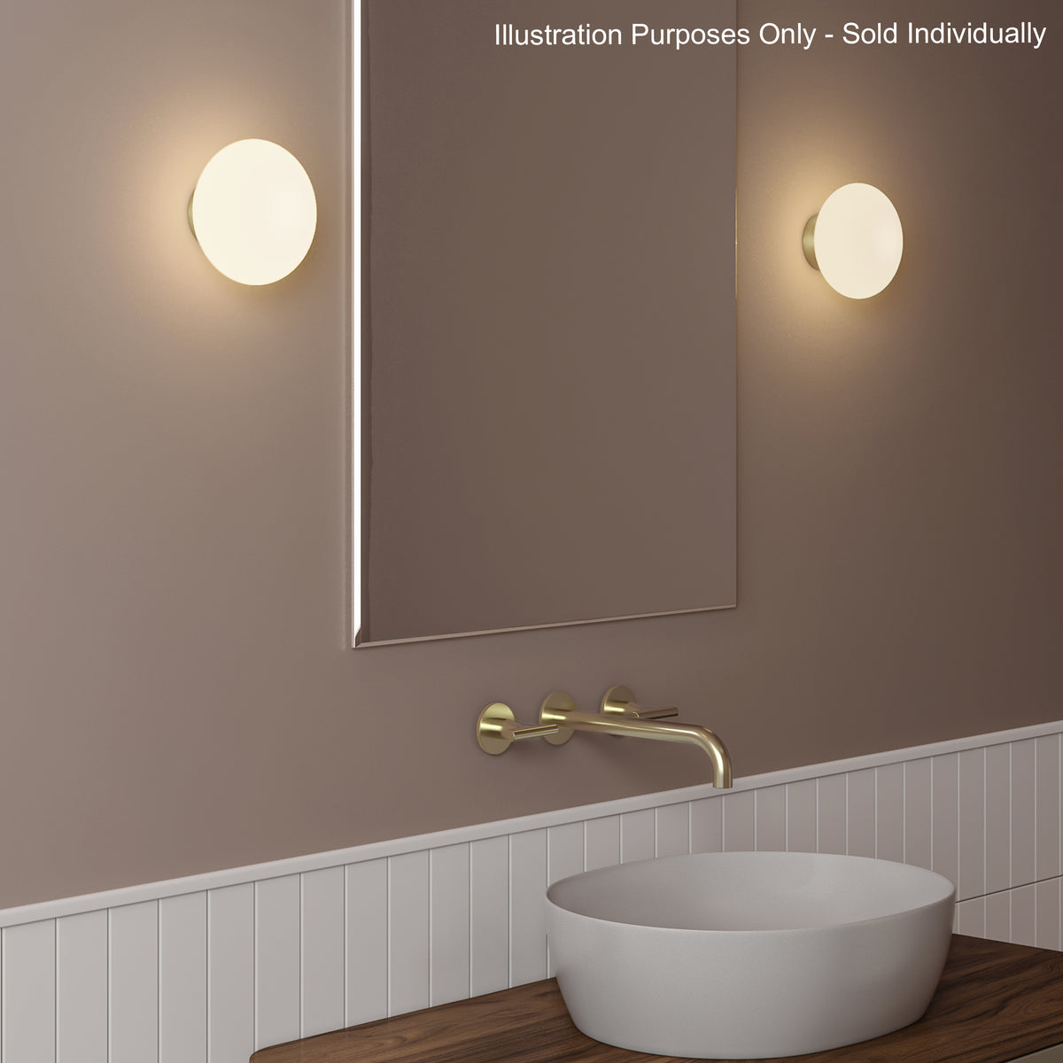 Bathroom with two wall lights, a mirror, a gold faucet, a white basin, and wood paneling